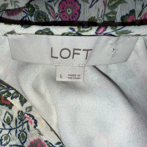 LOFT Pink and Green Petite Floral Scalloped Ruffle Cottagecore Blouse- Large - Picture 7 of 8